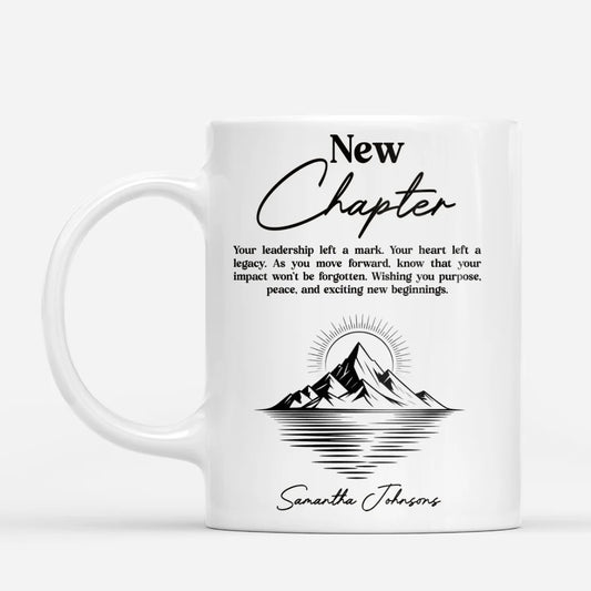 Personalized boss farewell gift mug featuring New Chapter quote and custom name illustration