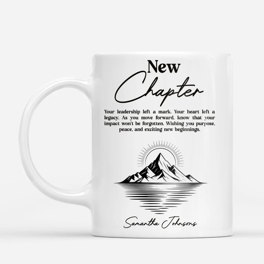 Personalized boss farewell gift mug featuring New Chapter quote and custom name illustration