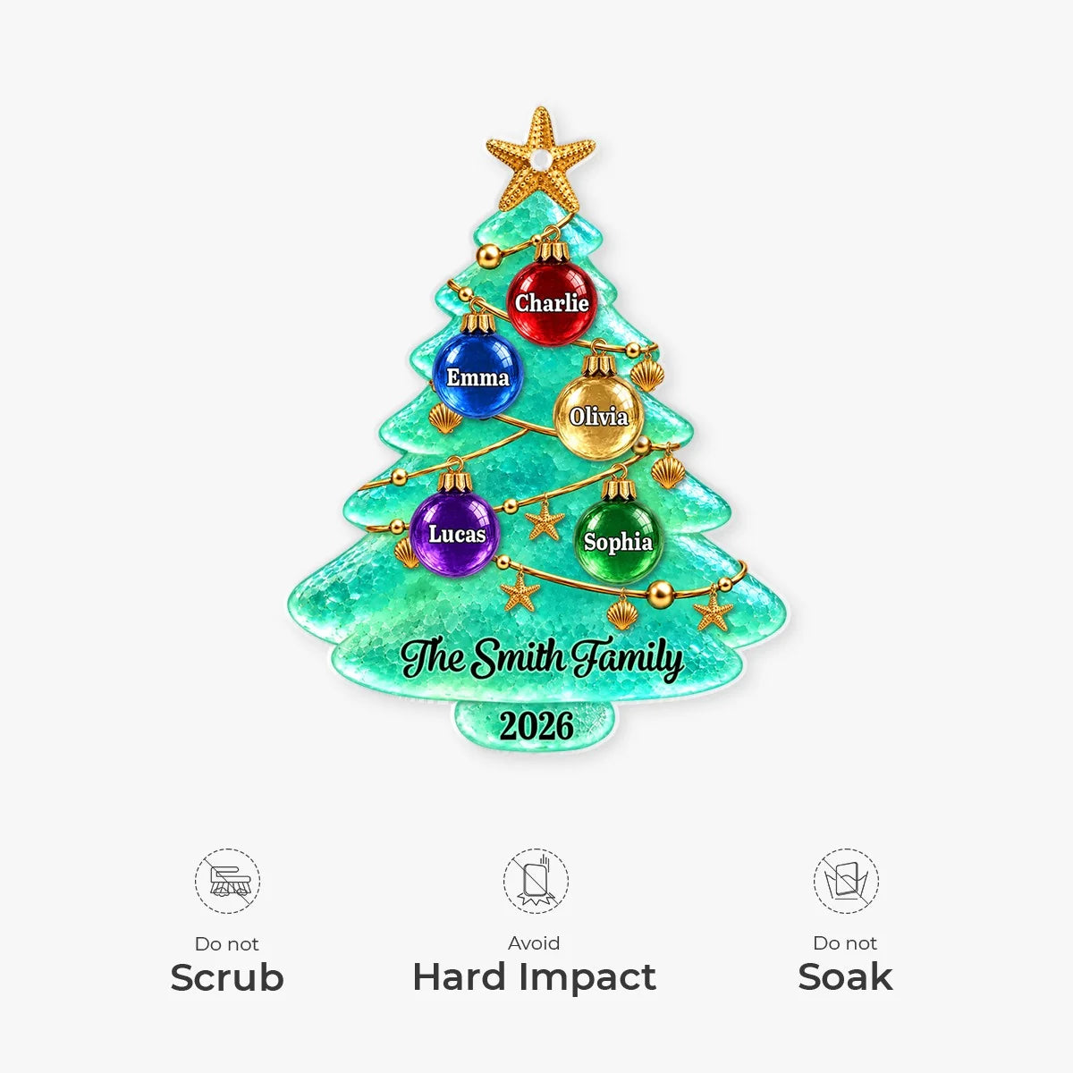 Personalized Christmas Tree Acrylic Ornament - Custom Family Name Sea Glass Holiday Keepsake Gift