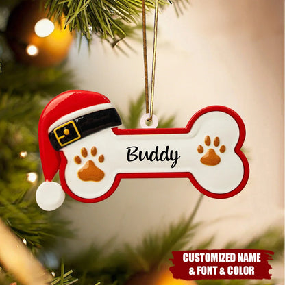 Santa Hat Dog Bone Personalized Wood Christmas Ornament - Holiday Keepsake for Dog Lovers
