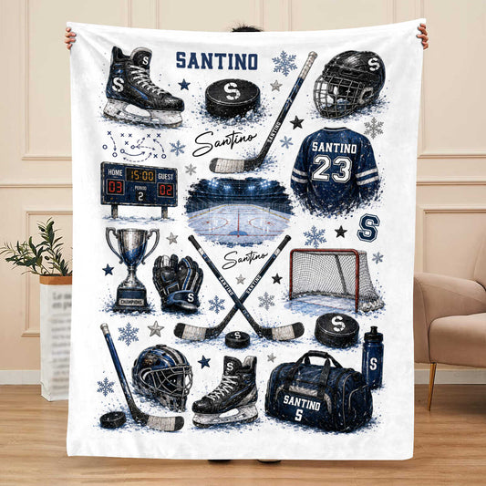 Personalized Hockey Baby Blanket with Name - Custom Ice Hockey Throw Blanket for Boys Nursery Decor & Toddler Gift