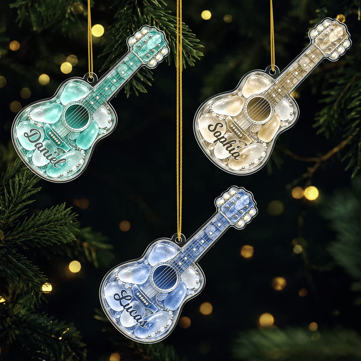 Custom Sea Glass Guitar Acrylic Ornament - Personalized Music Lover Keepsake Gift