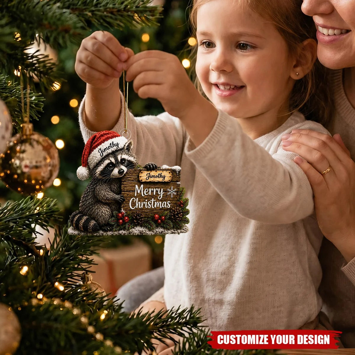 Merry Christmas Personalized Raccoon Acrylic Ornament - Custom Name Keepsake for Holiday Tree