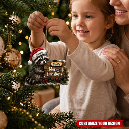 Merry Christmas Personalized Raccoon Acrylic Ornament - Custom Name Keepsake for Holiday Tree