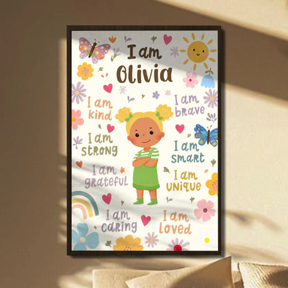 Custom kid affirmations poster featuring a cartoon girl and flowers with a personalized child name text