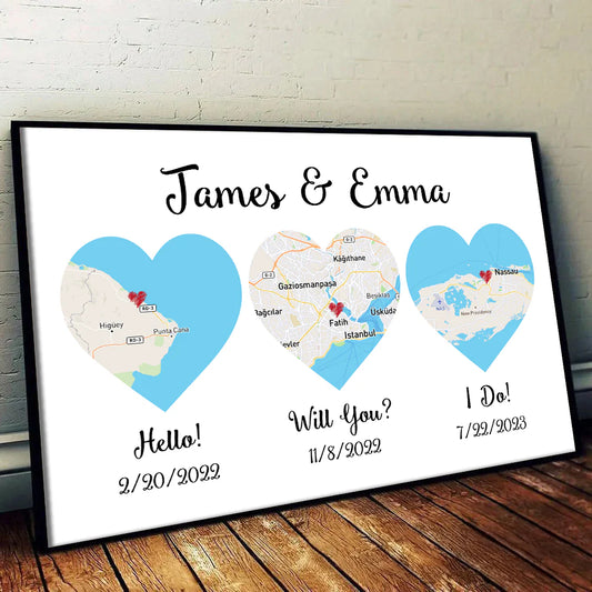 Personalized relationship map canvas with three heart-shaped maps detailing hello, will you, and i do dates for couples.