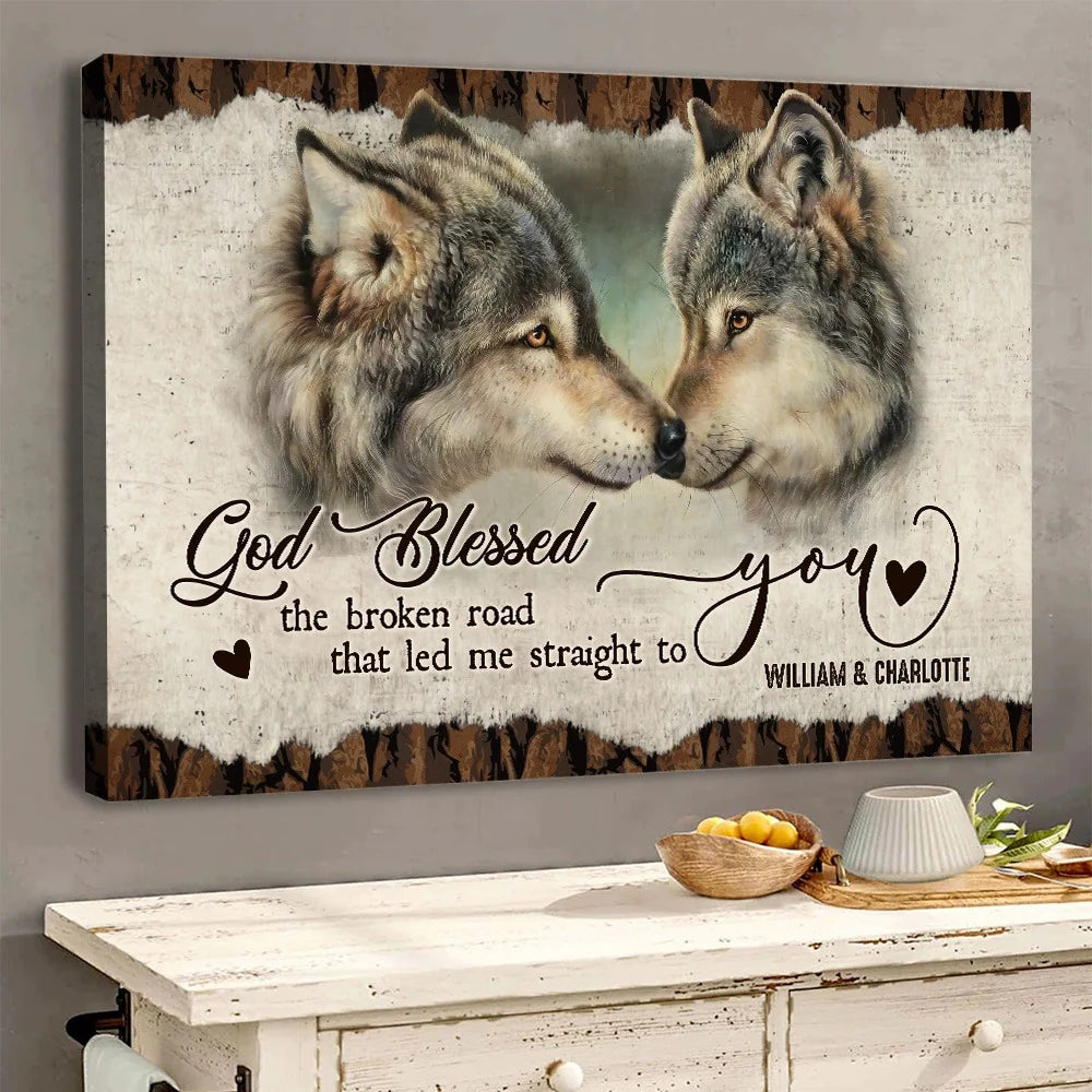 Personalized wolf couple canvas wall art printed with God Blessed The Broken Road for anniversary gift image 7