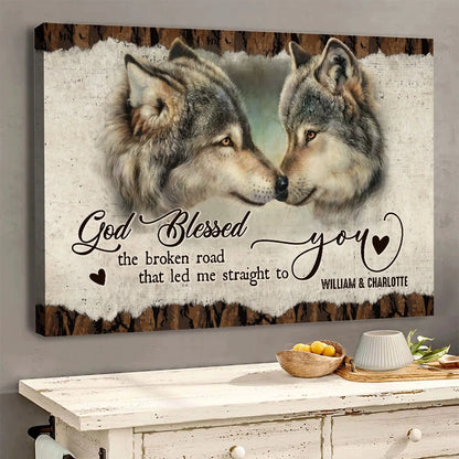 Personalized wolf couple canvas wall art printed with God Blessed The Broken Road for anniversary gift image 7