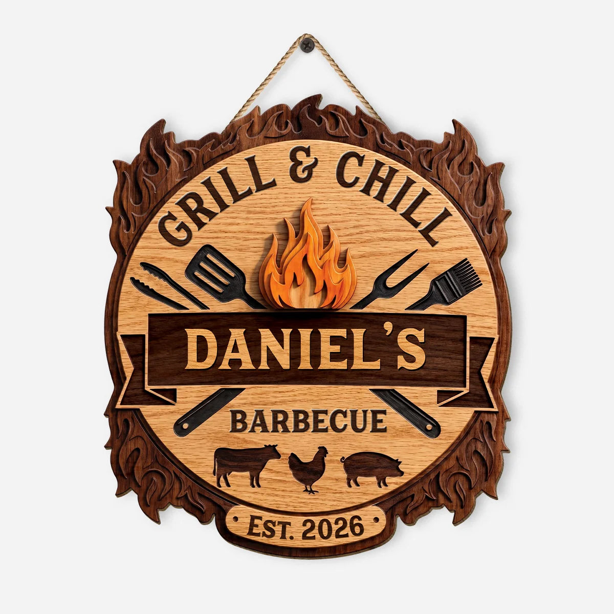 Grill and Chill Barbecue Personalized Wood Sign - Custom Backyard BBQ Decor for Dad Grandpa
