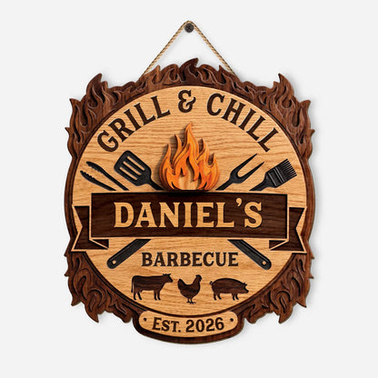 Grill and Chill Barbecue Personalized Wood Sign - Custom Backyard BBQ Decor for Dad Grandpa