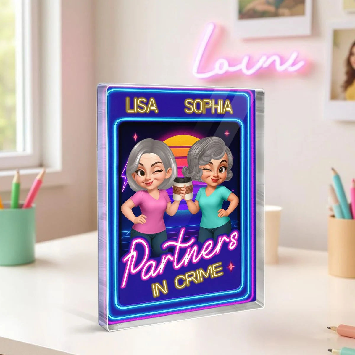 Personalized best friend acrylic block featuring retro neon design and customized avatars for a unique keepsake gift image 7