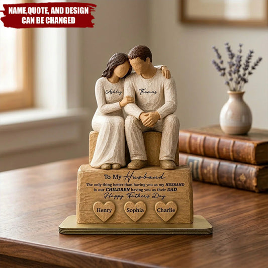 Personalized wooden plaque featuring a couple figurine and custom family names - unique custom gift for husband