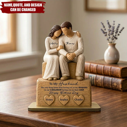 Personalized wooden plaque featuring a couple figurine and custom family names - unique custom gift for husband