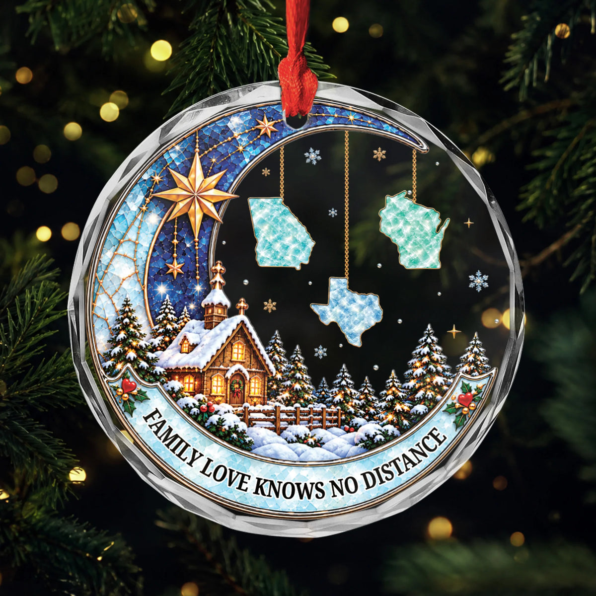 Family Love Knows No Distance Personalized Glass Ornament - Custom Christmas Keepsake Gift