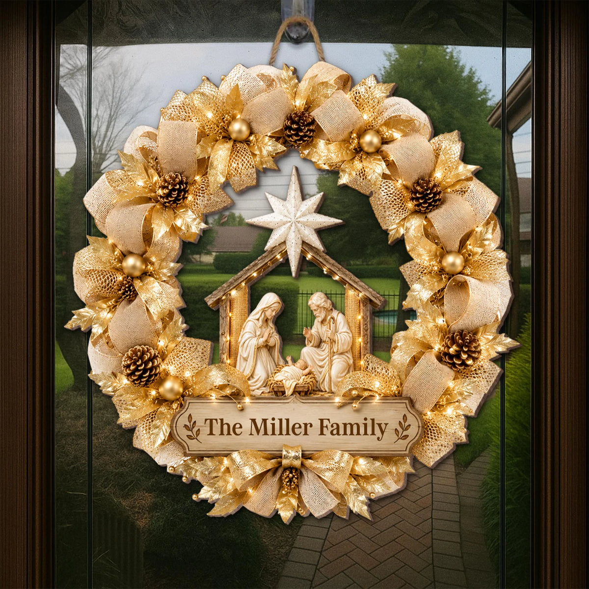 Nativity Scene Gold Wreath Personalized Wood Sign - Christmas Holiday Decor for Family