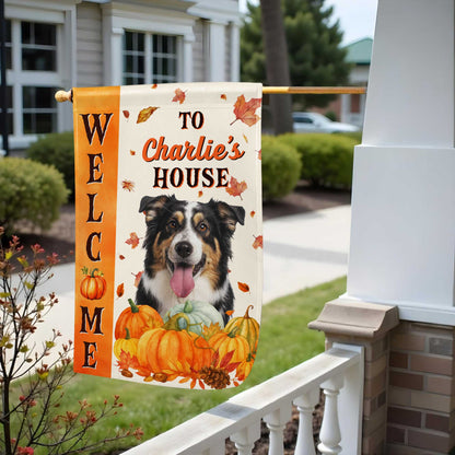 Custom dog garden flag with pumpkins and autumn leaves reading Welcome to Charlie's House - fall yard decor image 7