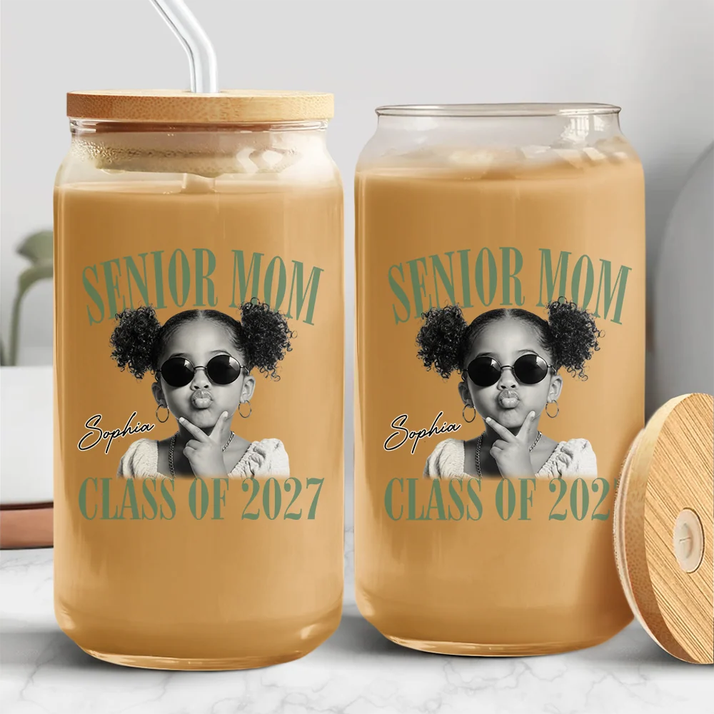 "Senior Mom Class of 2027" Personalized Glass Can - Custom Photo Graduation Keepsake Gift
