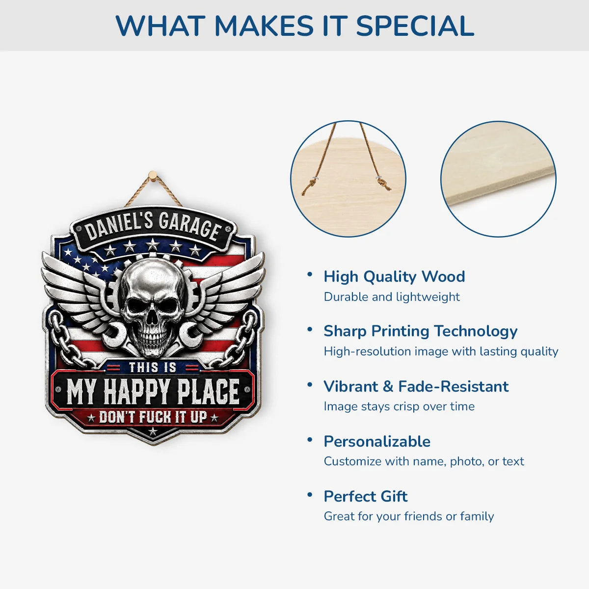 Personalized Garage Wood Sign - Custom This Is My Happy Place Skull Sign Gift for Mechanic