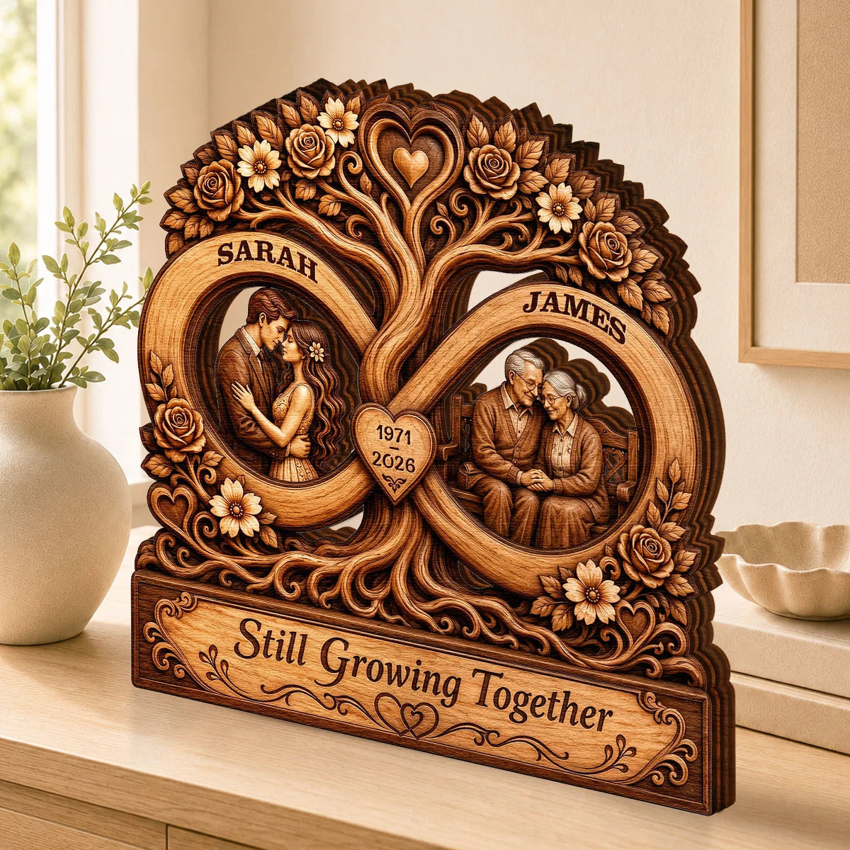 Still Growing Together Infinity Tree Personalized Wooden Block - Custom Couple Anniversary Gift Keepsake