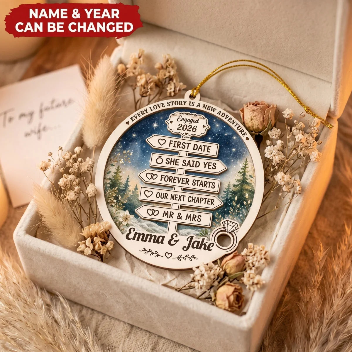 Every Love Story Is A New Adventure - Personalized Wooden Engagement Ornament for Couples