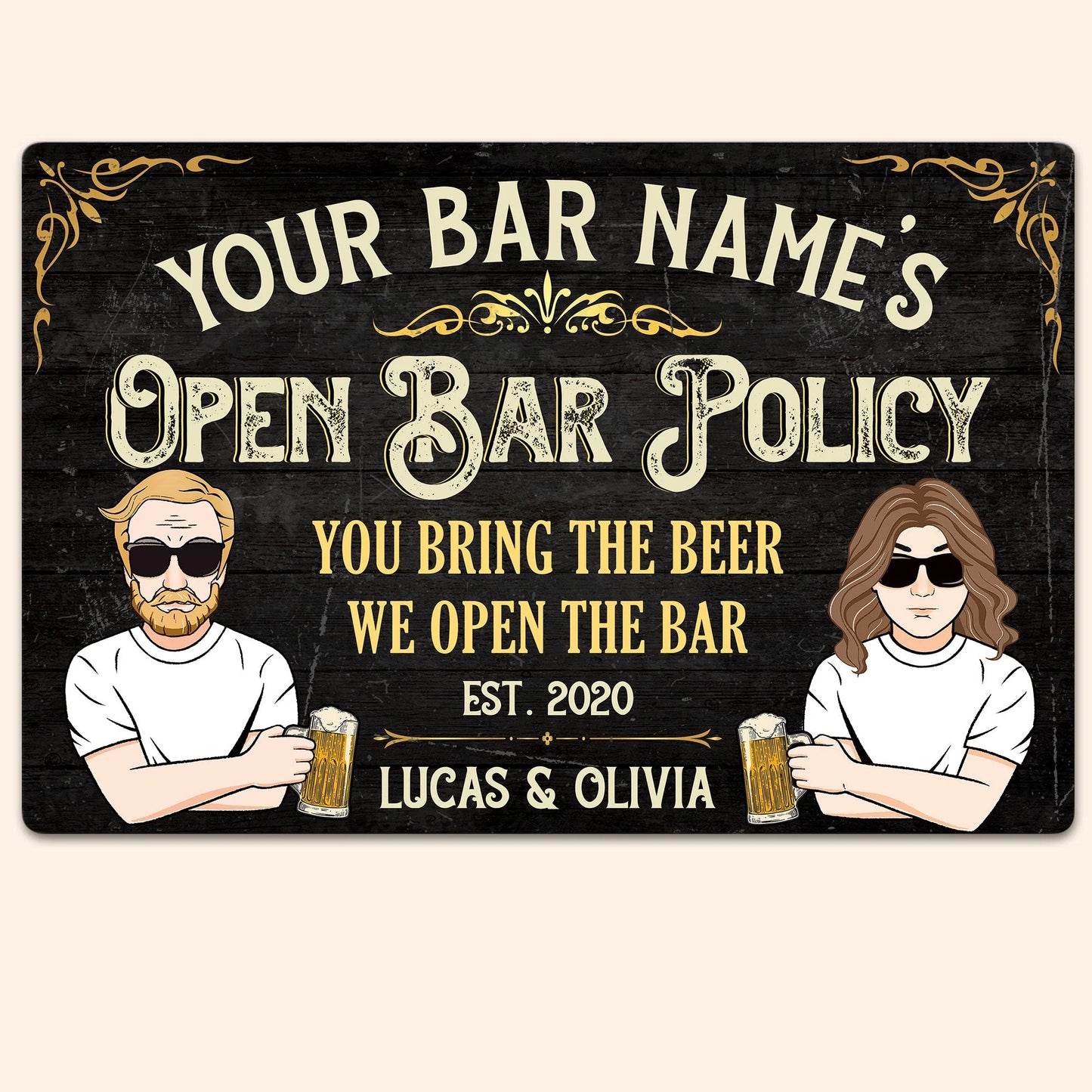 Custom Open Bar Policy Metal Sign for Couples with personalized design details for meaningful gifting