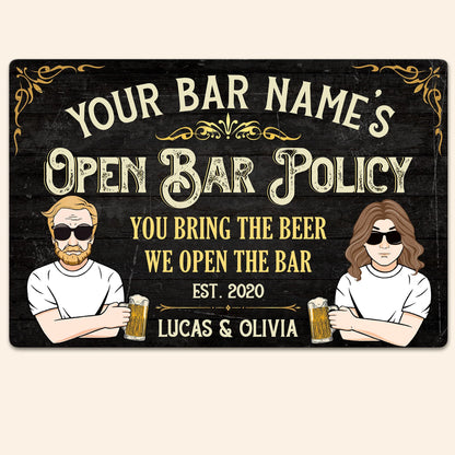 Custom Open Bar Policy Metal Sign for Couples with personalized design details for meaningful gifting
