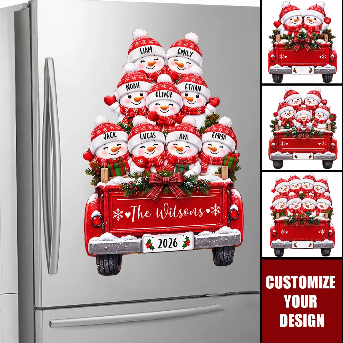 Snowman Red Truck Personalized Christmas Decal - Custom Holiday Window & Car Vinyl Sticker for Family