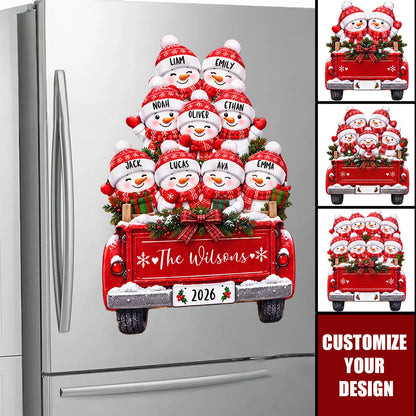 Snowman Red Truck Personalized Christmas Decal - Custom Holiday Window & Car Vinyl Sticker for Family