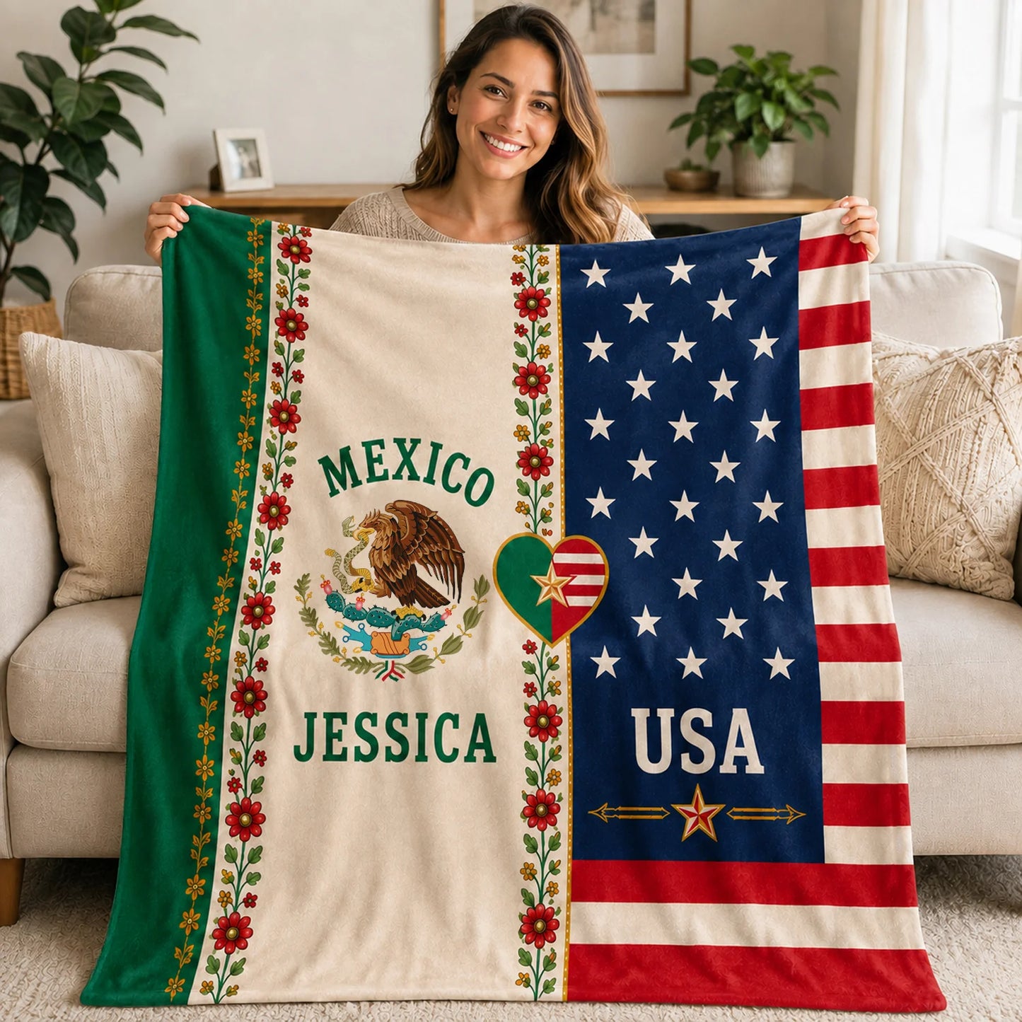 Personalized Mexican American Flag Blanket - Custom Patriotic Gift for Family