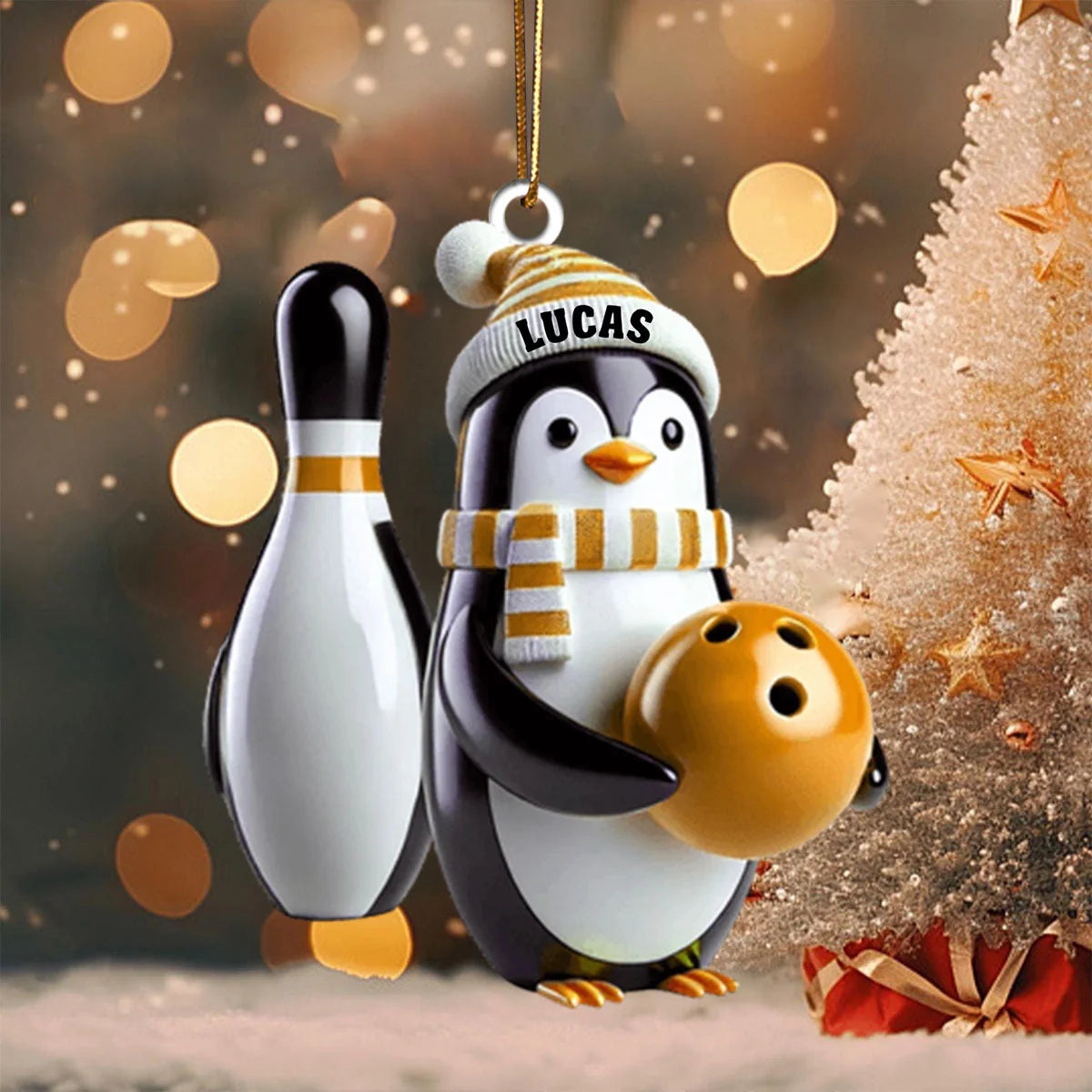Cute Penguin Bowling Christmas Keepsake - Personalized Wooden Ornament for Bowlers