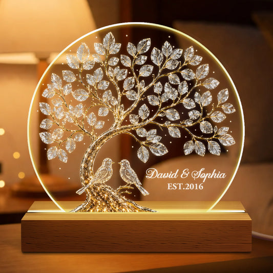 Personalized couple LED night light with engraved crystal tree and lovebirds for wedding anniversary gift