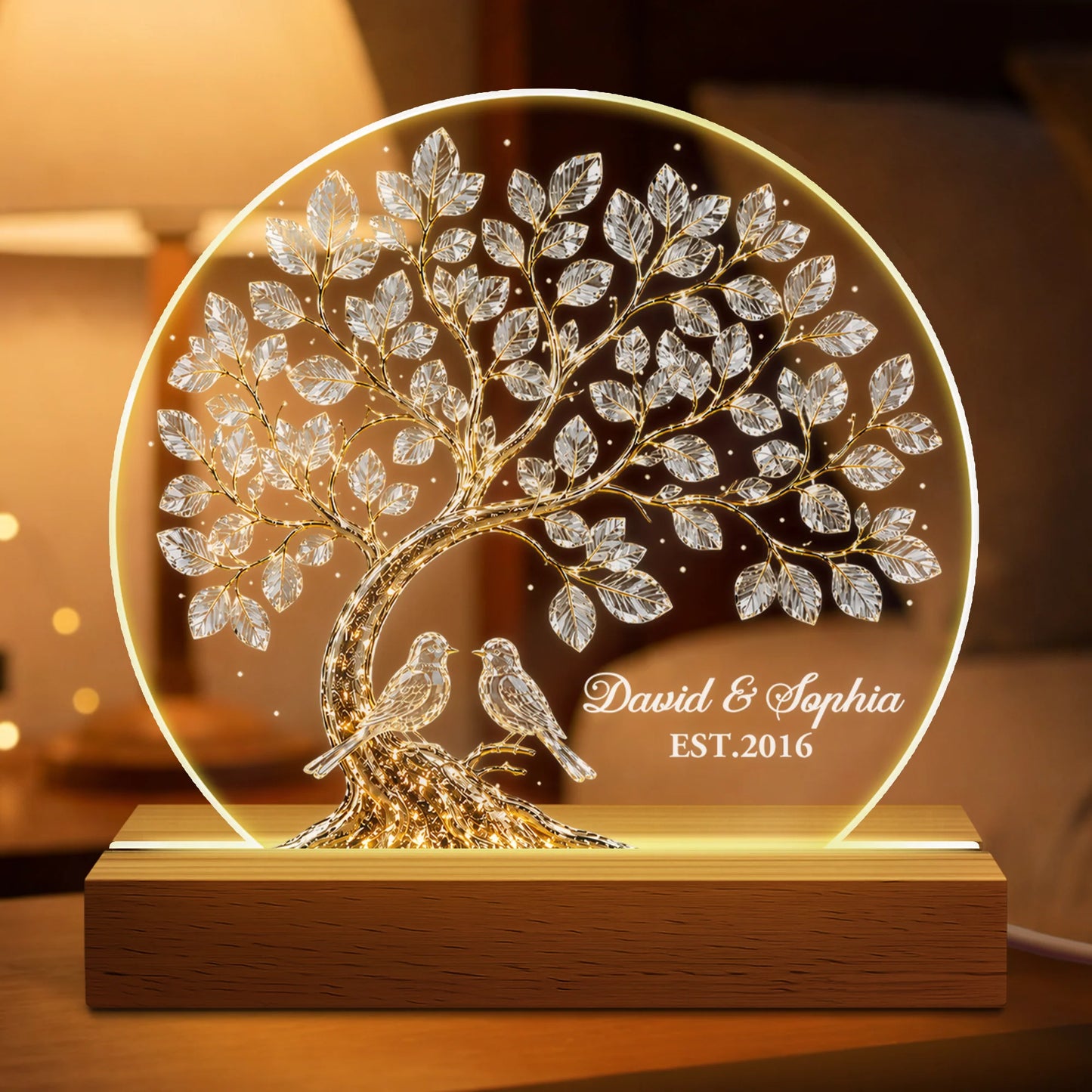 Personalized couple LED night light with engraved crystal tree and lovebirds for wedding anniversary gift