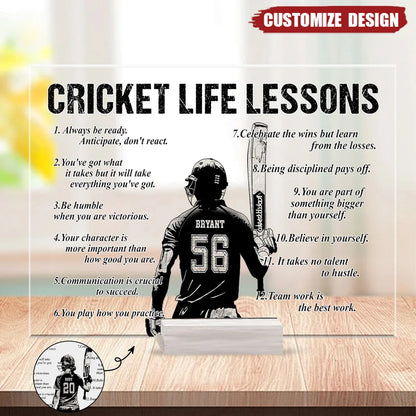 Cricket Life Lessons Personalized Acrylic Plaque - Custom Sports Keepsake Gift for Player