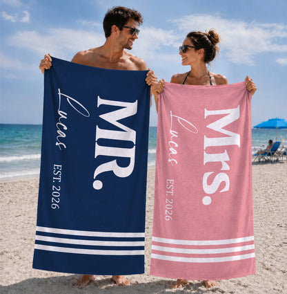 Mr. and Mrs. Personalized Beach Towel for Couples - Custom Honeymoon & Wedding Gift