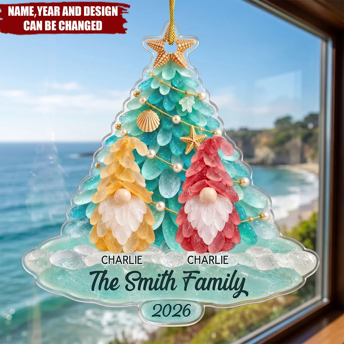 Personalized Coastal Christmas Ornament - Custom Sea Glass Gnome Tree Gift for Family