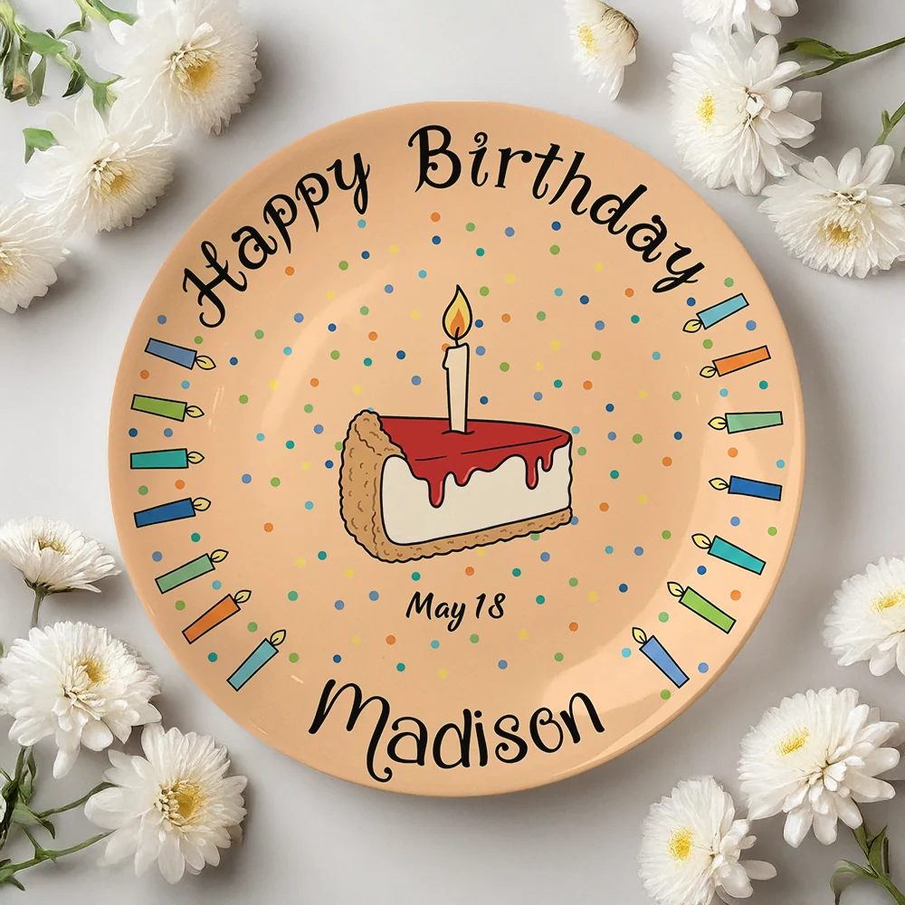 Happy Birthday Cake & Candles Personalized Birthday Ceramic Plate - Custom Name Keepsake Display Gift