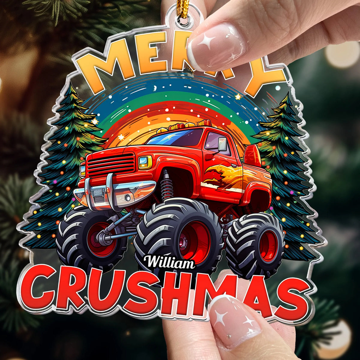 Merry Crushmas Monster Truck Personalized Acrylic Ornament - Custom Name Gift for Kids