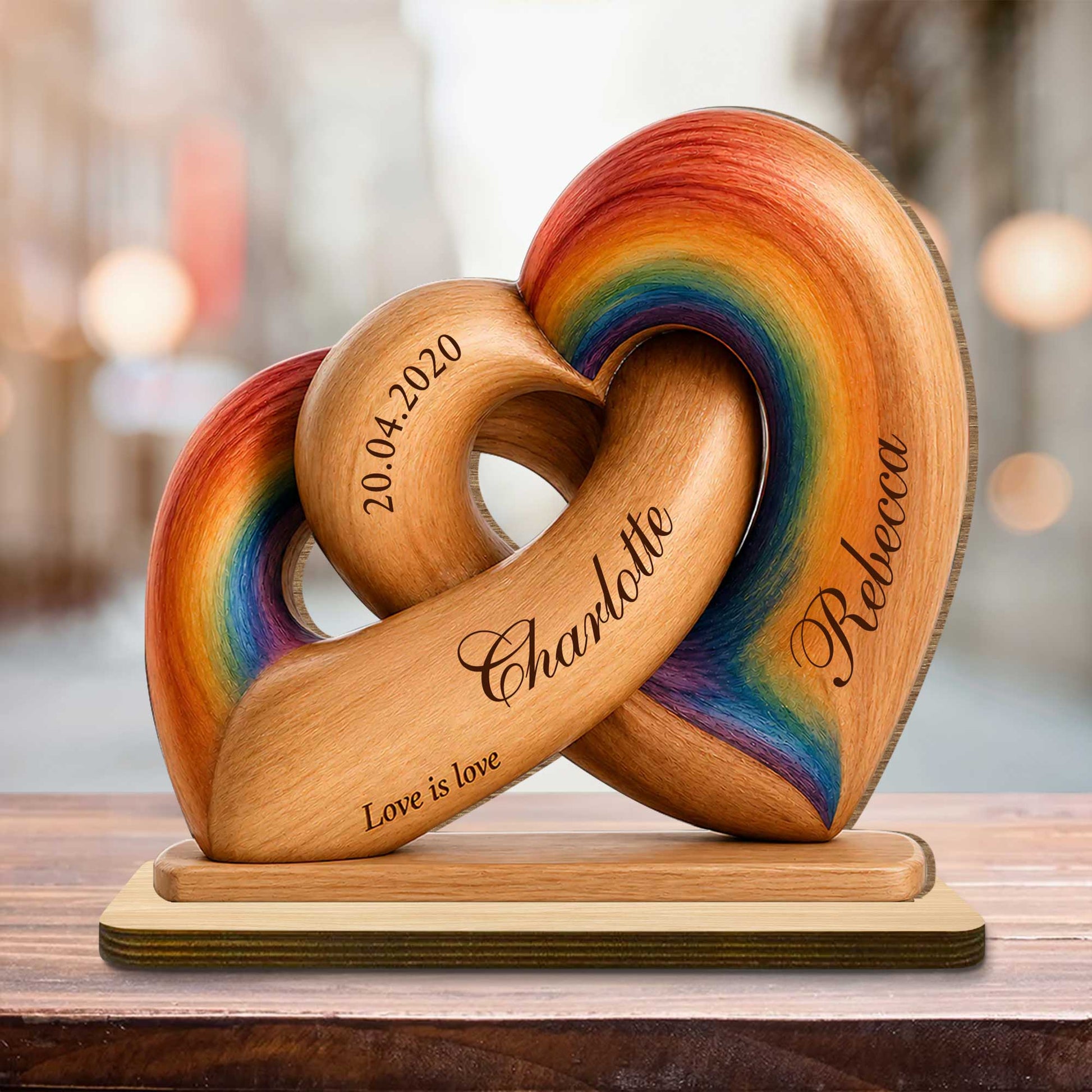 Custom Lgbtq Rainbow Heart Wooden Plaque for Couples with personalized design details for meaningful gifting image 6