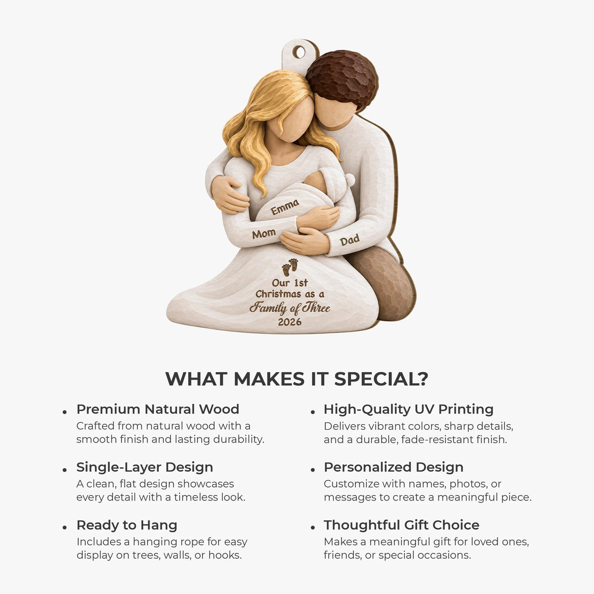 "Our 1st Christmas As A Family" Personalized Wooden Ornament - Keepsake for New Parents
