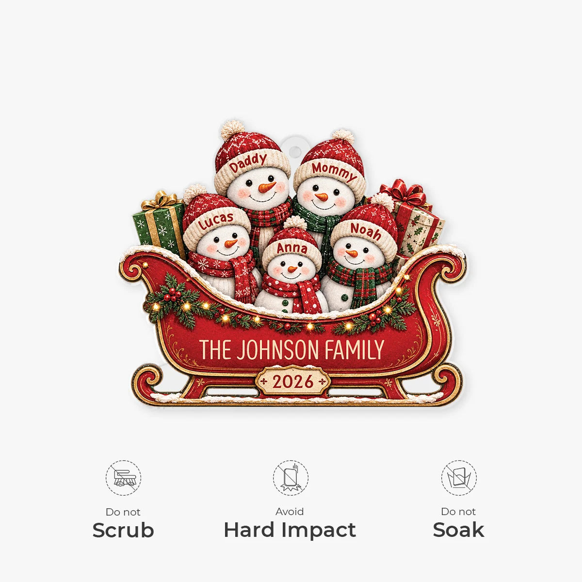 Snowman Family Sleigh Personalized Acrylic Ornament - Custom Christmas Keepsake Gift