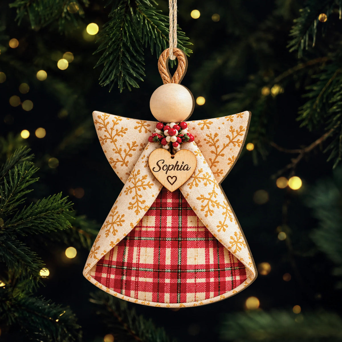 Rustic Plaid Angel Personalized Wooden Ornament - Custom Name Christmas Keepsake for Family