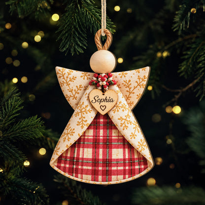 Rustic Plaid Angel Personalized Wooden Ornament - Custom Name Christmas Keepsake for Family