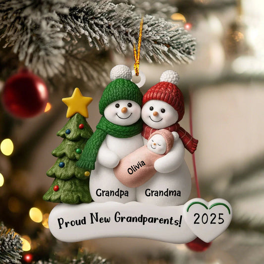 Proud New Grandparents Personalized Acrylic Ornament - Custom Snowman Keepsake Gift for Nana & Papa
