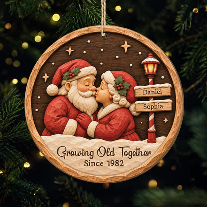 Growing Old Together Personalized Wooden Ornament - Custom Kissing Santa Couple Keepsake