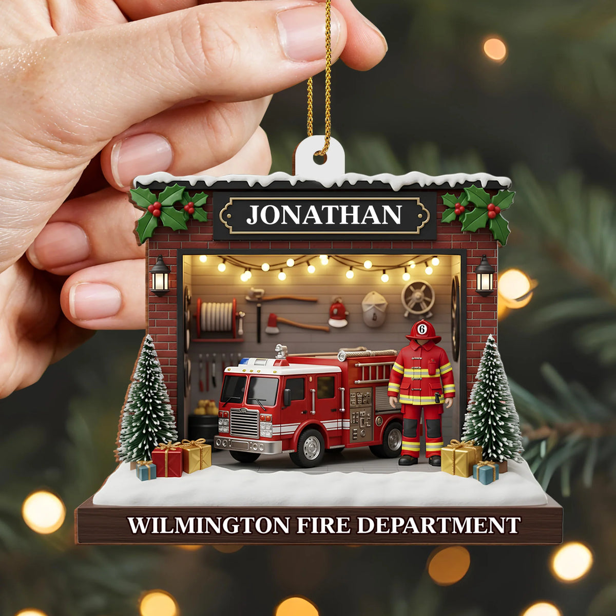 Celebrate The Heroic Spirit, Fire Truck And Firefighter Ornament