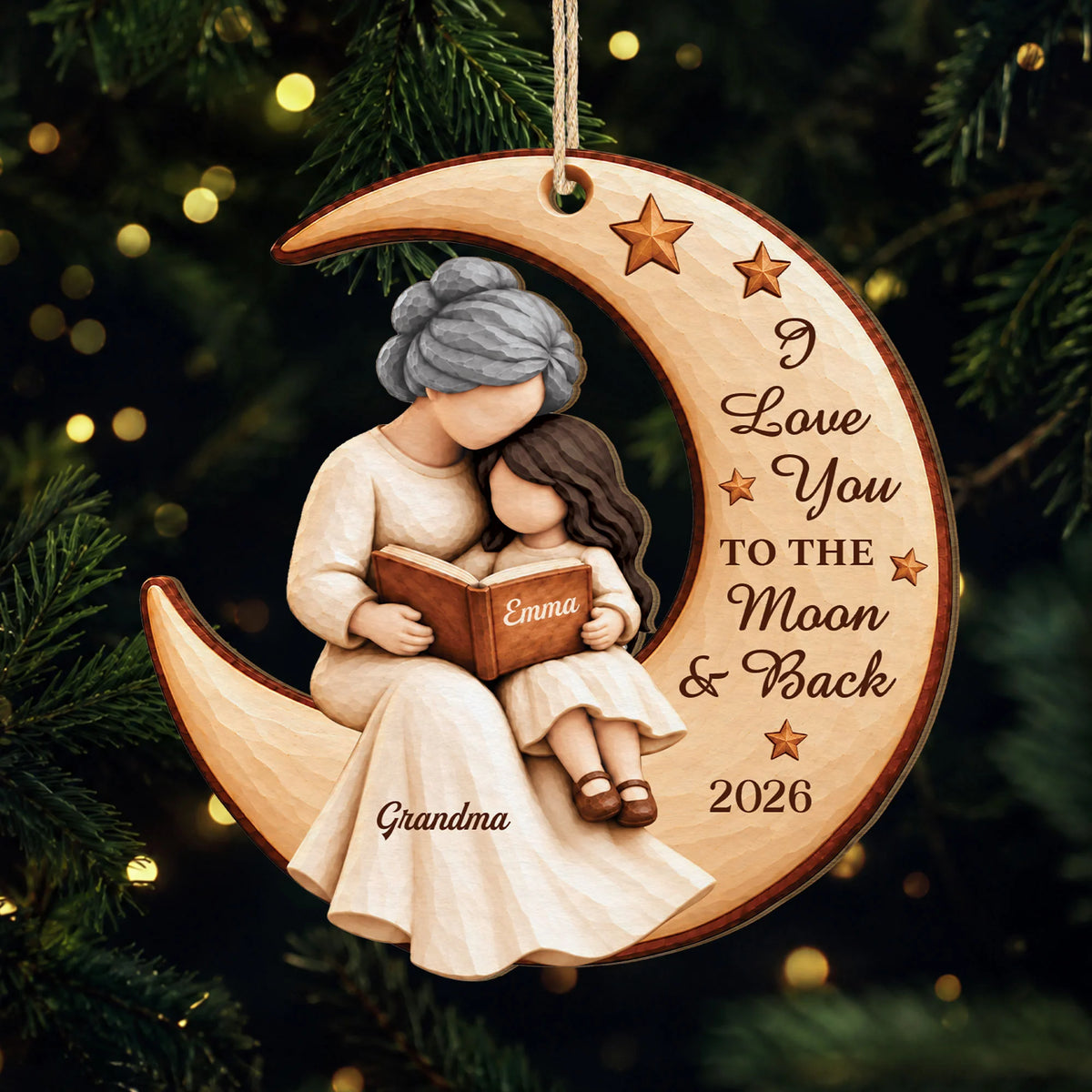 I Love You to the Moon and Back Personalized Wooden Ornament - Christmas Gift for Grandma and Mom
