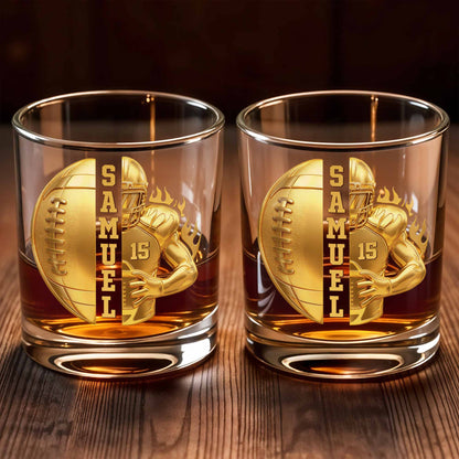 Personalized football whiskey glass with faux 3D golden player design and custom name image 7