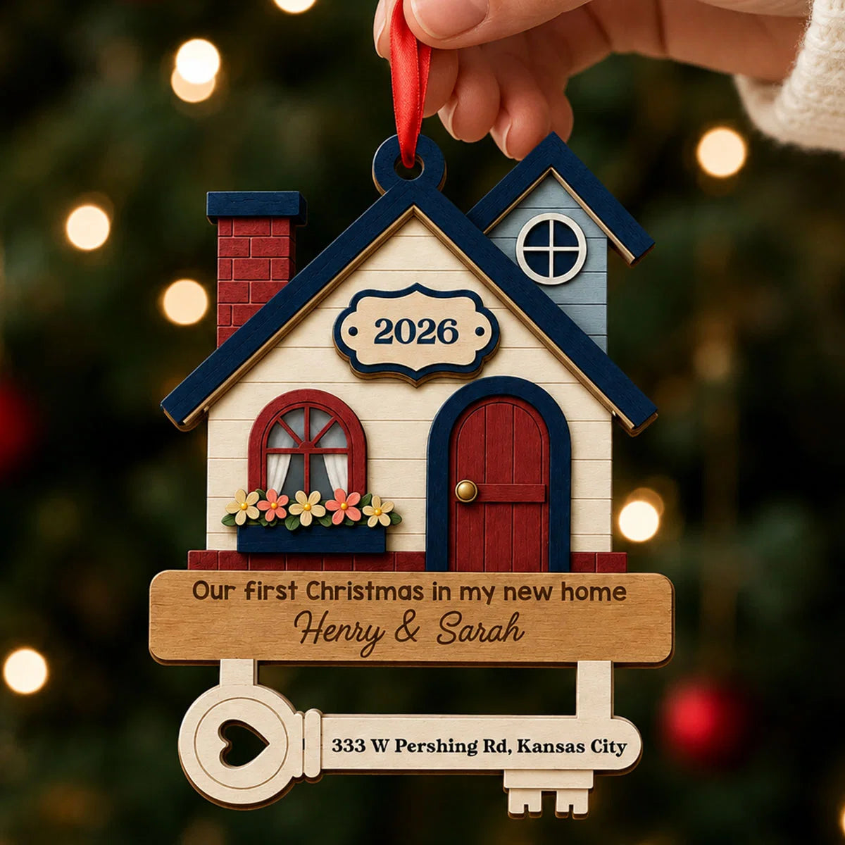 First Christmas In New Home Personalized Wooden Ornament - Custom Housewarming Gift Key Keepsake