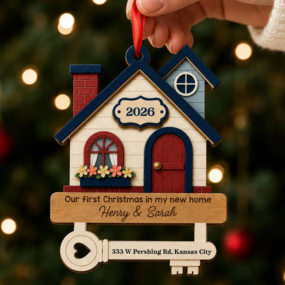 First Christmas In New Home Personalized Wooden Ornament - Custom Housewarming Gift Key Keepsake