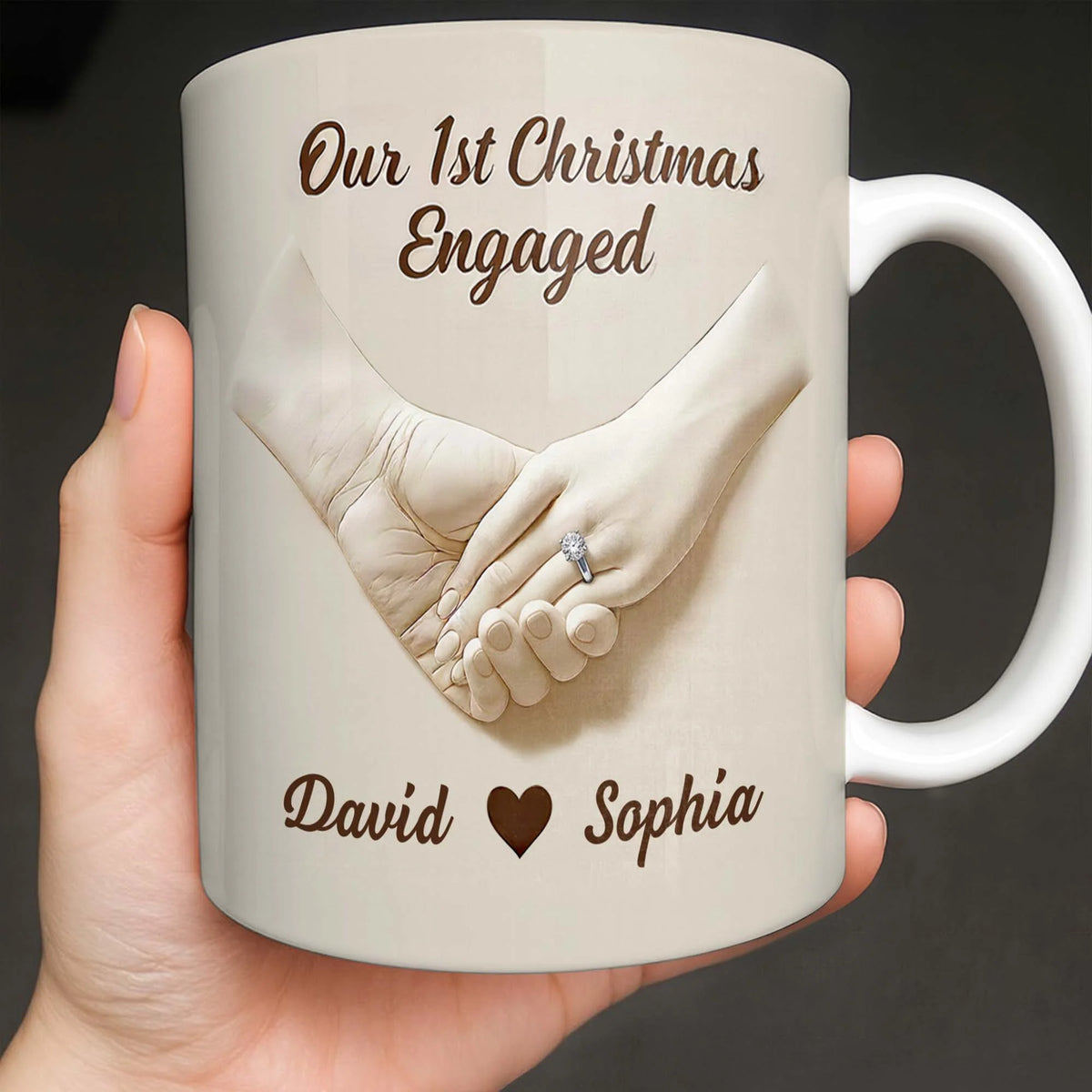 "Our 1st Christmas Engaged" Personalized Couple Mug - Custom Engagement Ring Ceramic Coffee Cup